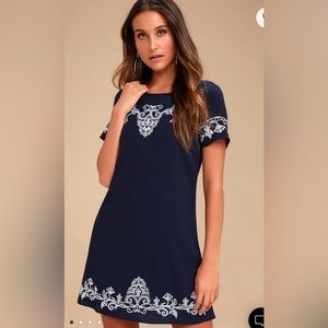 Lulus Tale to Tell White & Navy Embroidered Shift Dress